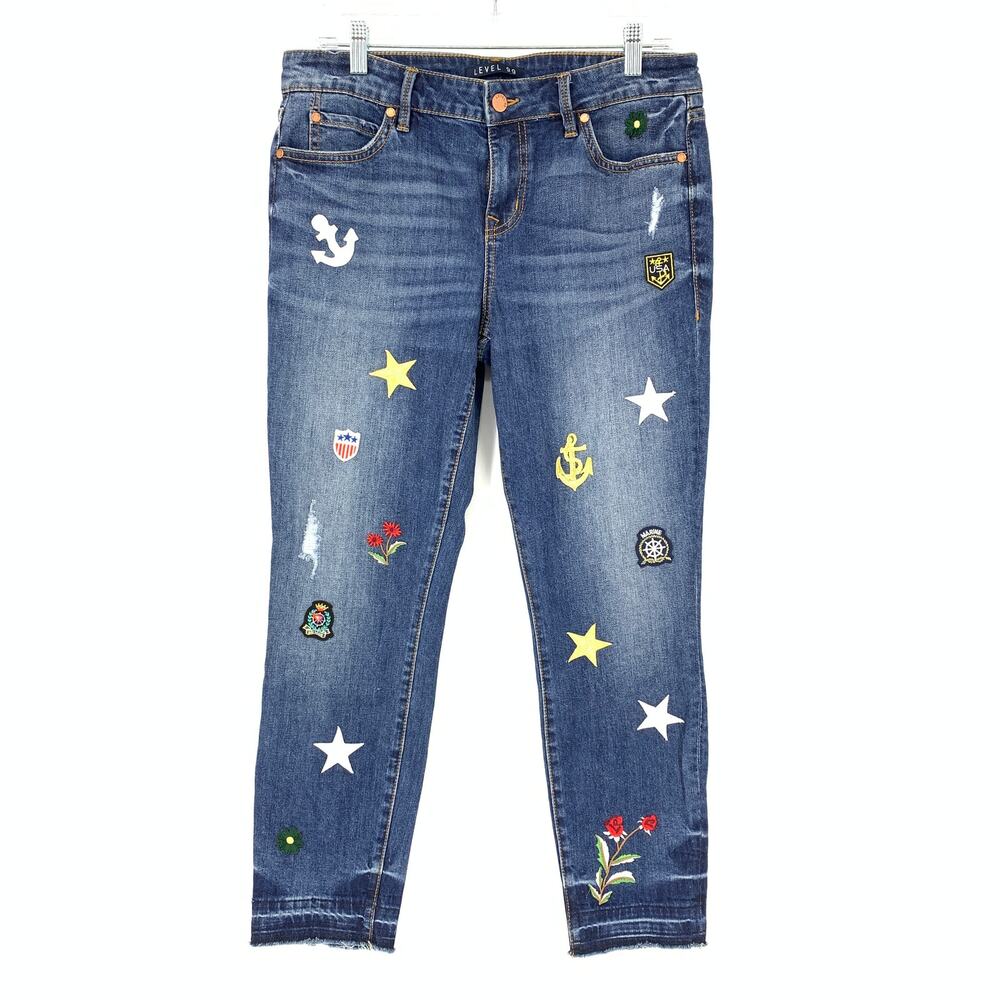 Level 99 Jeans Women's Size 29P Blue Amber Slouchy Patches Skinny Raw Hem Blue